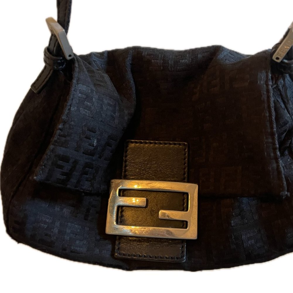 FENDI Zucchino Canvas Mini Mamma Baguette Shoulder Bag Black